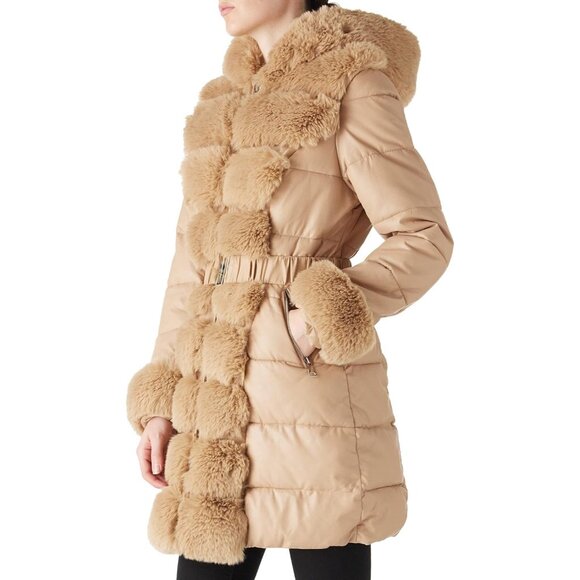 🆕 Women Brown Leather Long Fur Collar Hooded Winter Warm Bubble Puffer Jacket - Picture 3 of 5